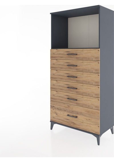 Hyperion Dolap Tek Raflı 6 Çekmeceli 88x44x182 Antrasit-çam Antrasit