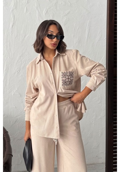 Verymoda Fitilli Kadife İşlemeli Gömlek - F1997 Taş