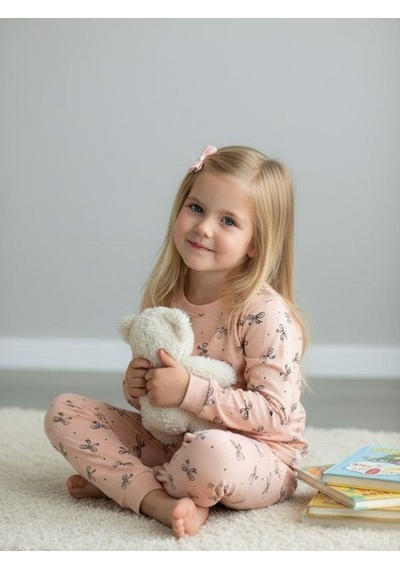 Kız Çocuk Pamuklu Fiyonklu Pijama Takımı-16829 Pudra