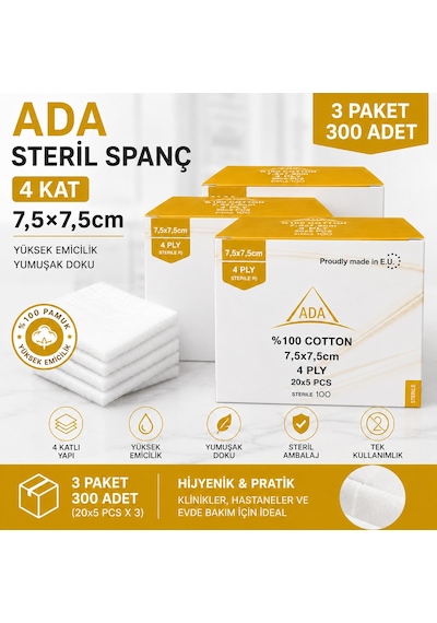 Ada Steril Spanç 4 Kat 7,5 x 7,5cm 100'Lü 3 Paket