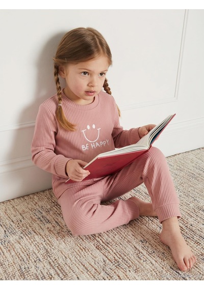 Minidamla Gülen Yüz Baskılı 1-7 Yaş Pijama Takımı - Pembe Gül Kurusu