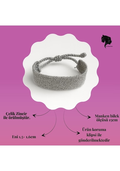 Kordon Çelik Zincir Örme 8 Sıralı El Yapımı Silver Renk Bohem Bileklik Gümüş