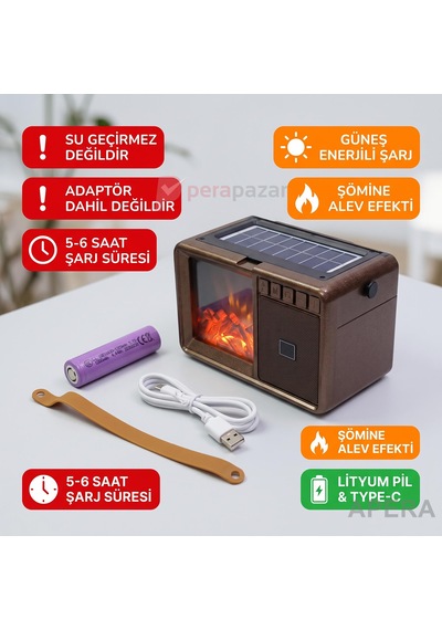 Fepe Fp-611-s Güneş Panelli Bluetooth Radyo Şömine Alev Efektli Aynalı Şarjlı Taşınabilir Hoparlör Koyu Kahve