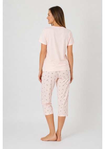 Pijamask Kadın Açık Pembe Ayıcık Baskılı Kısa Kollu Kapri Pijama Takımı P100-843 Pudra