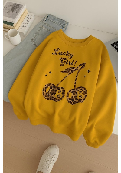 Benroma Lucky Girl Baskılı Unisex Sweatshırt Sarı