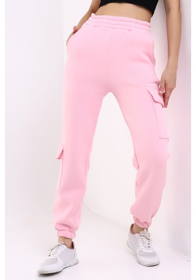 Winmoda34 Kadın Jogger Kalın 3 İplik Yandan Cepli Kargo Eşofman Altı Pembe