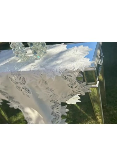 Salon Takımı Kayla Model Krem-krem 5 Parça Keten Dantelli Masa Örtüsü Runner Seti