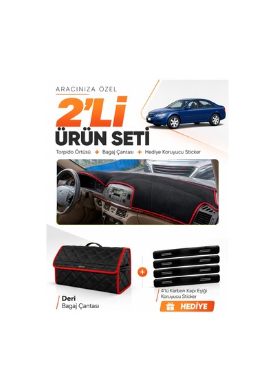 E-biz Hyundai Sonata 2004-2007 Uyumlu Torpido Örtüsü + Deri Bagaj Çantası - Siyah-kırmızı - Hu029