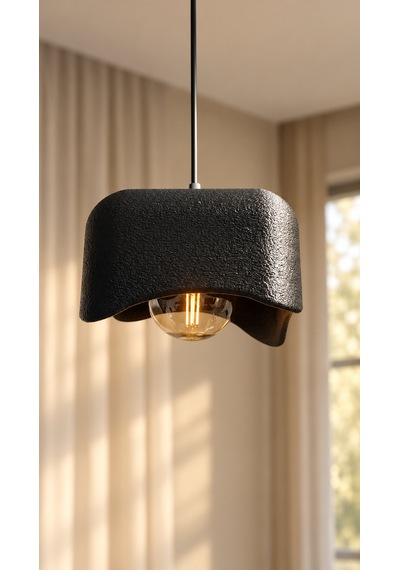Beton Görünümlü Tekli Kare Sarkıt Avize Modern Bohem Salon Mutfak G95 Rustik Led Ampul Hediyeli Siyah