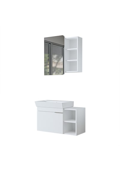 Likya Tek Kapaklı Lavabolu 82 Cm Banyo Alt Dolabı + Üst Dolabı, Lavabolu Mdflam Banyo Dolabı Takımı Beyaz