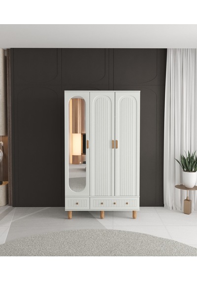 Mila 3 Kapaklı Çekmeceli Gardırop - Tamamı Mdf Beyaz