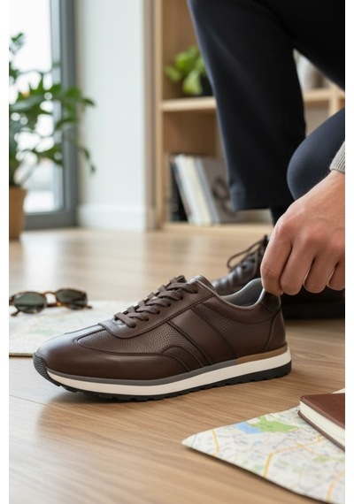 Enoch Hakiki Deri Garnili Bağcıklı Erkek Sneaker Ortopedik Taban Kahverengi