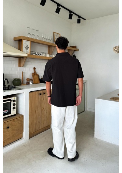 Flaw Keten Oversize Kısa Kol Gömlek Siyah-25769 Siyah