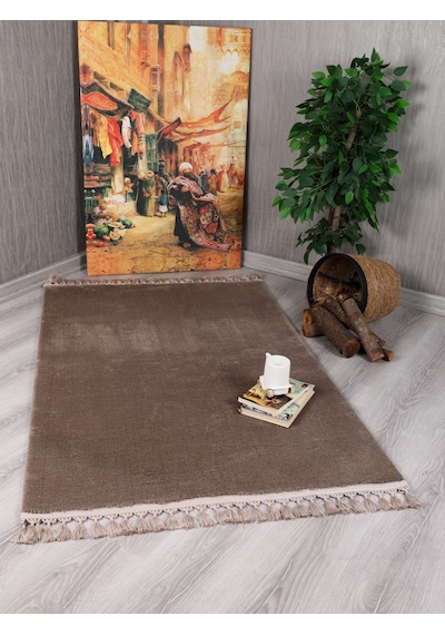 My Evilla Modern Dekoratif Örgü Saçaklı Simirna Peluş Halı Yolluk Vizon