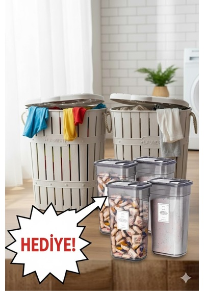 Mega Set 2 Adet 65 Lt Kirli Çamaşır Sepeti & 4 Adet 3200 Ml Deterjan Saklama Kabı Hediyeli Beyaz - 786905809 Beyaz