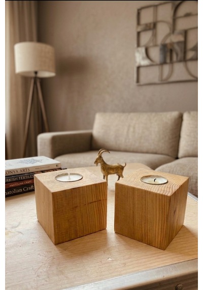 Doğal Masif Ahşap Küp Mumluk - 2'li Set Hediyelik Tealight Mum Tutucu Dekoratif Obje