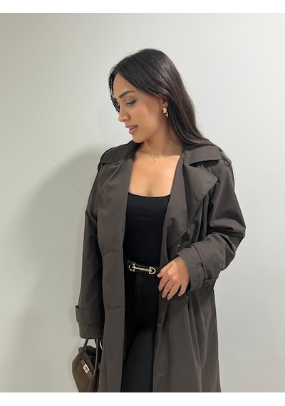 Kadın Kemerli Uzun Trençkot Su Geçirmez, Astarlı, Oversize Şık Model Kahverengi