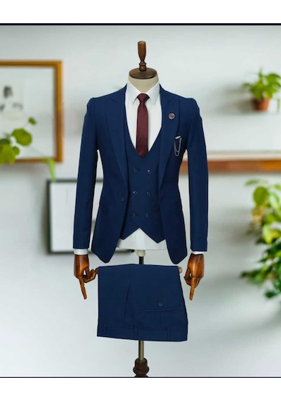 Beystil Sivri Yaka Parlement Mavisi Takım Elbise Roni - Slim Fit Mavi