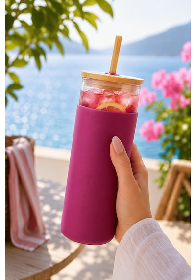 Bambu Pipetli Cam Bardak 550 Ml Silikon Kılıflı Kahve Bubble Tea Ve Su Şişesi - Pembe