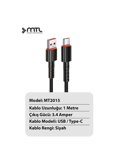 3.4a Usb To Type-c Hızlı Şarj Ve Data Kablosu Hasır 1 Metre Siyah Mt2015