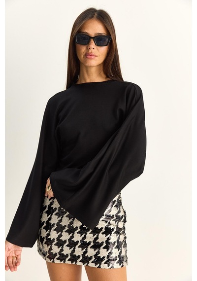Shade Kadın Belden Oturtmalı Drapeli Geniş Kol Crop Bluz 1093 60286119 - Siyah