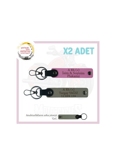 Custom Motorculara Özel, İsim Plaka Ve A Rh + Kan Grubu Yazılı X2 Anahtarlık Set, Kül Gri-pembe-gr Çok Renkli