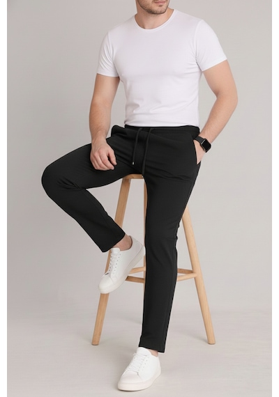 Bürke Erkek Siyah Beli Lastikli Bağcıklı Duble Paça Jogger Pantolon