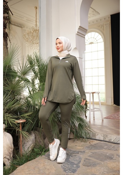 Mimi Luxury Wear Haki Kadın Fermuarlı Dalgıç Kumaş Standart Kalıp Jogger Eşofman Takımı 358