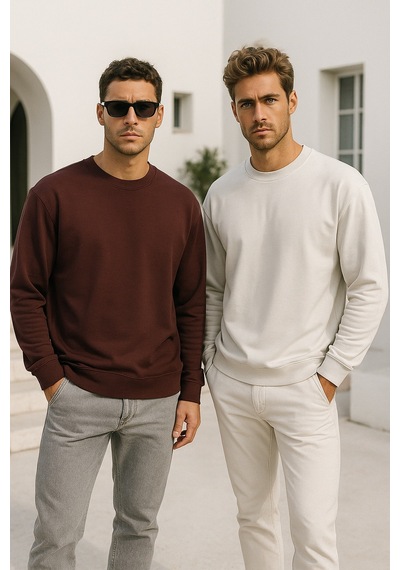 Rich Erkek 2'li Paket Kahverengi - Krem Bisiklet Yaka Scuba Basic Sweatshirt Kahverengi