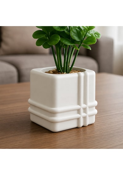 3d Baskı Square Planter - Izgara Desenli Küp Saksı-beyaz Çok Renkli