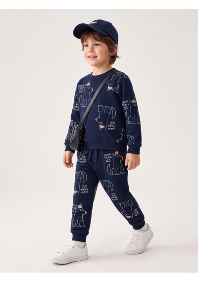 Zekids Erkek Çocuk Yumuşak Dokulu Baskılı Eşofman Takımı-17597 Lacivert
