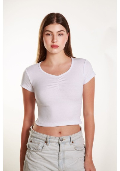 Mea Capio Kadın Fitted Crop Ön Yaka Bözgülü Fitilli Kollu Tshirt Atlet Bluz Beyaz