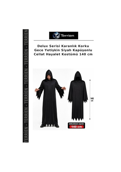 Delux Serisi Karanlık Korku Gece Yetişkin Siyah Kapüşonlu Cellat Hayalet Kostümü 140 Cm