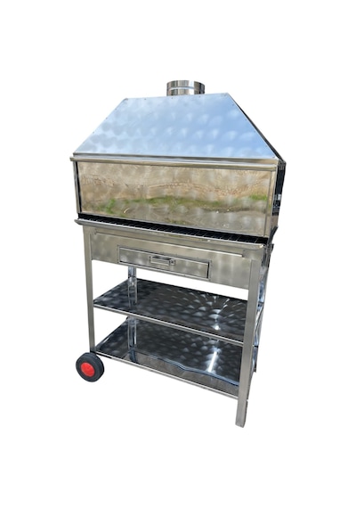 Paslanmaz Kömürlü Mangal 40 X 80 Cm Bacalı Barbekü Çekmeceli Tekerlekli Gri