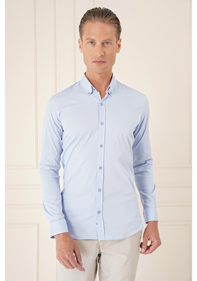 Efor Slim Fit Düğmeli Yaka Esnek Pamuk Klasik Mavi Gömlek Gk 727 Mavi