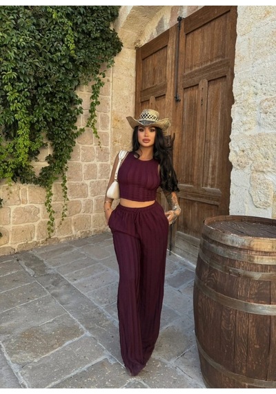 Evoa Kadın Bordo Halter Yaka Crop & Bol Paça Pantolon Fırfır Detaylı Gagari Takım Bordo Bordo
