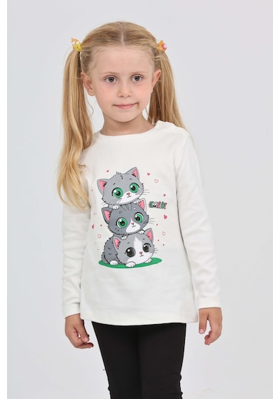 Toontoy Kız Çocuk Üçlü Kedi Baskılı Sweatshirt Ekru