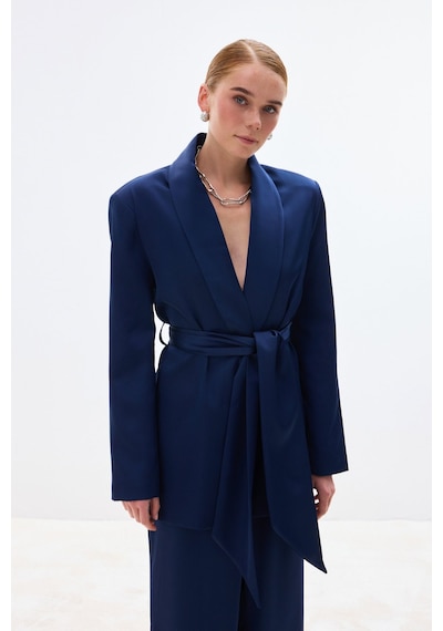 Sateen Kuşaklı Saten Ceket - Lacivert-137009 Lacivert