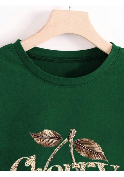Uyguntarz Unisex Leopar Desenlı Vişne Baskılı Tasarım Tshirt Yeşil