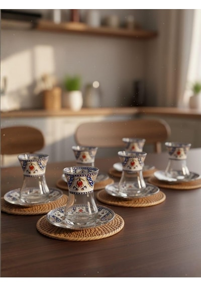 Topkapı 6 Kişilik Çay Seti, French Press Hediyeli, 9 Farklı Osmanlı Desenli Çay Bardağı Takımı 6, Topkapı Lal Genel