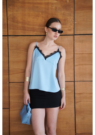 Verymoda Dantel Detaylı Saten Atlet - D2929 Mavi