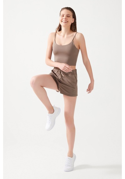 Los Ojos Kadın Haki Cepli Beli Lastikli Basic Fit Spor Şort Shorts Haki