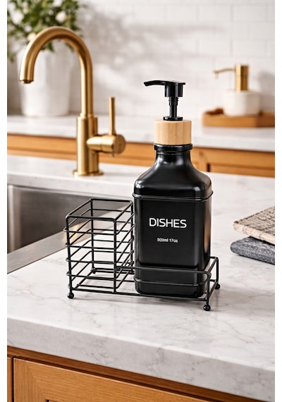 Makri Home Metal Stantlı Bambu Kapaklı Cam Sıvı Sabunluk/deterjanlık, 500 Ml, 15 8,5 23 Cm Siyah