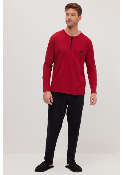 Tudors Erkek Standart Fit Normal Kesim %100 Pamuk Bisiklet Yaka Beli Lastikli Siyah Pijama Takımı-37944 Siyah