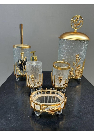 Çiçekli Şeffaf Yuvarlak Banyo Set Gold