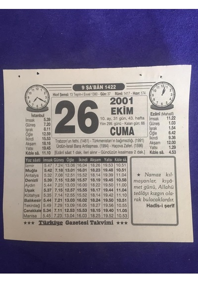 26 Ekim 2001 Takvim Yaprağı - Nostalji Koleksiyonluk Takvim Yaprağı B