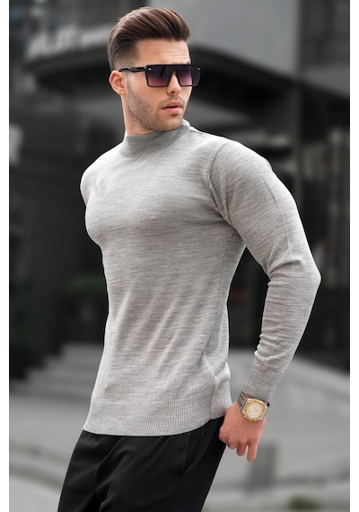 Madmext Gri Slim Fit Yarım Balıkçı Yaka Erkek Triko Kazak 6343 Gri