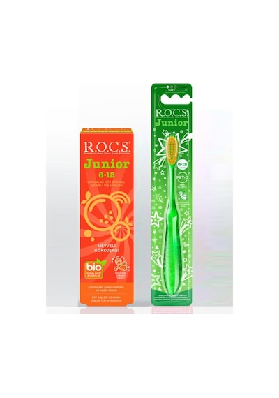 Rocs Junior 6-12 Meyveli Gökkuşağı Diş Macunu 60 ML + Diş Fırçası Seti Yeşil