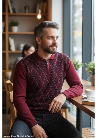 Kamalı Erkek Bordo Tüylenme Yapmayan Anti Pilling Kumaş Standart Fit Normal Kesim Polo Yaka Triko Kazak