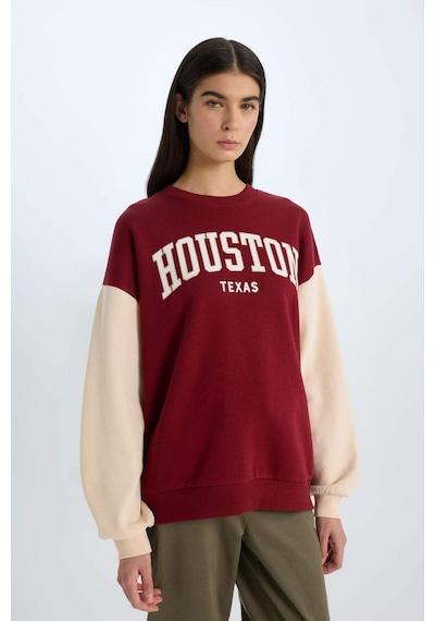 DeFacto Oversize Geniş Kalıp Bisiklet Yaka Baskılı Kalın Sweatshirt E3228AX24WNBR169